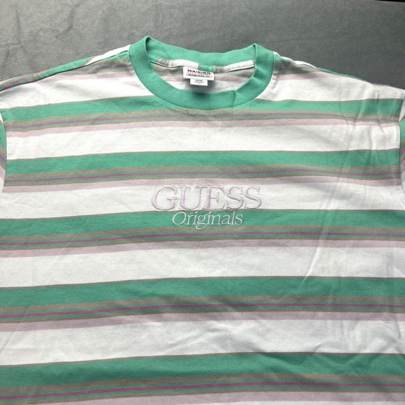 NWT Guess Originals Mens Medium Green White Pink Stripe Short Sleeve T Shirt Tee - Picture 3 of 7